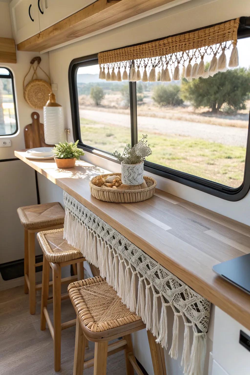 Swap the dinette for a slim RV breakfast bar—sunlit views, coffee perch, and work spot.