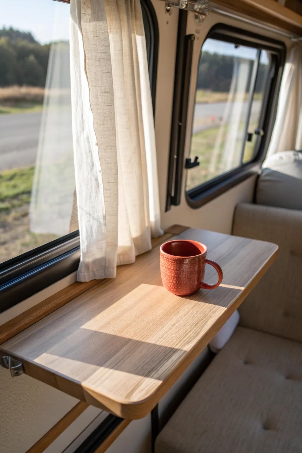 A slim window bar table turns your RV into a bright café nook—minimal, airy, and space-smart.