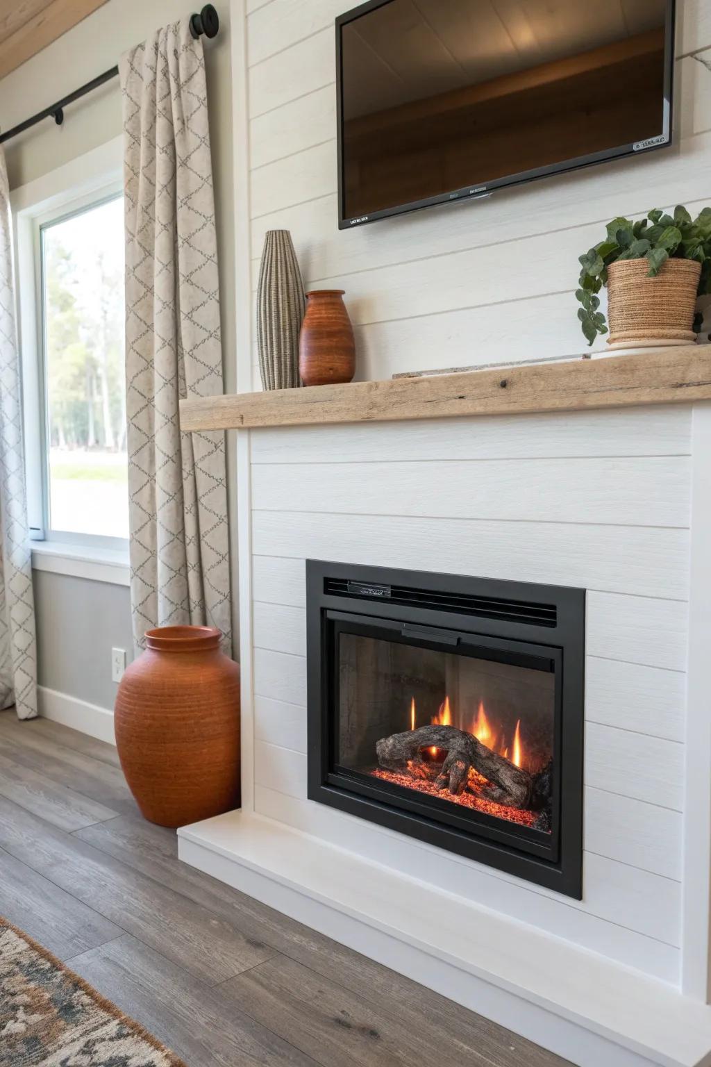 A simple shiplap surround makes an RV fireplace look custom, cozy, and intentional.