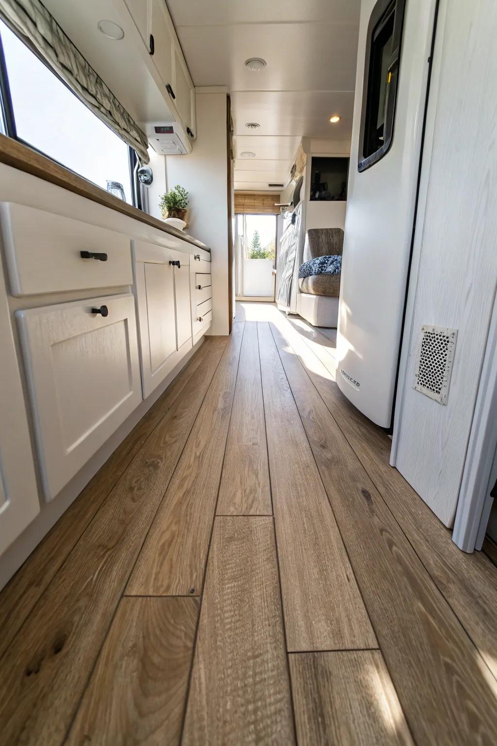 Light oak vinyl plank flooring instantly makes a narrow RV feel wider—easy to clean, too.