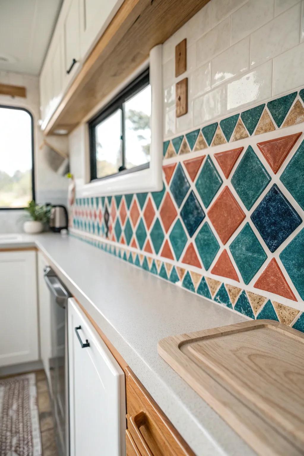 Peel-and-stick backsplash makes a tiny RV kitchen feel custom—no tools, just instant style.
