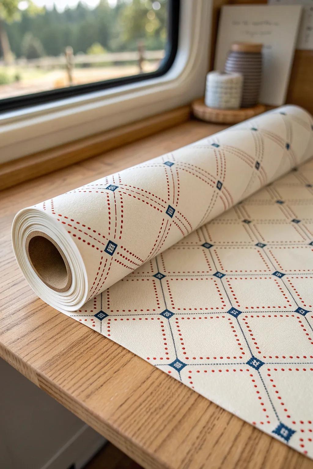 Small-scale geometric RV wallpaper—tiny diamonds that add structure without crowding.