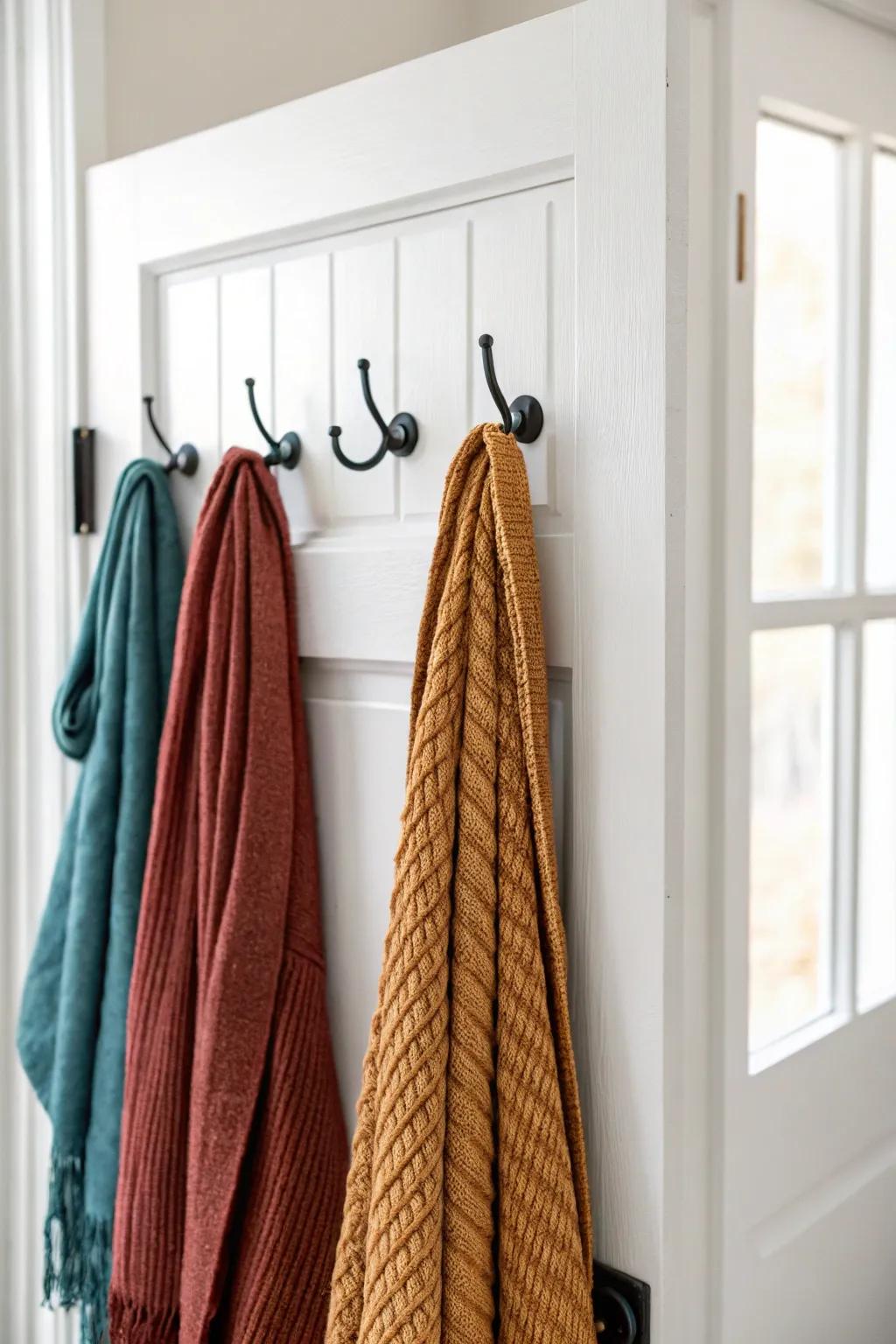 Back-of-door hooks keep scarves visible, tidy, and grab-and-go in the smallest closets.