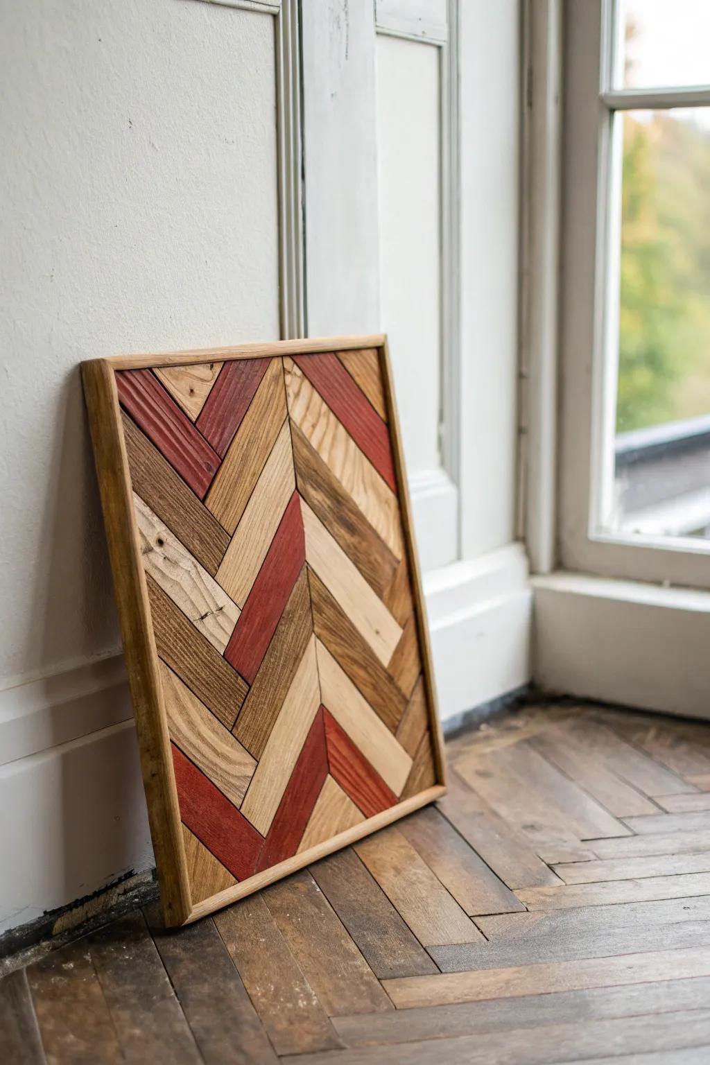 Compact herringbone scrap-wood mini panel—big entryway impact without taking up space.