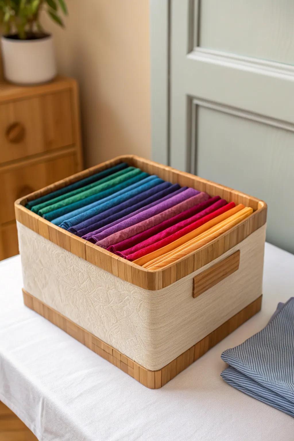 Color-sorted fabric folds in a handcrafted box—instant palettes without the mystery pile.