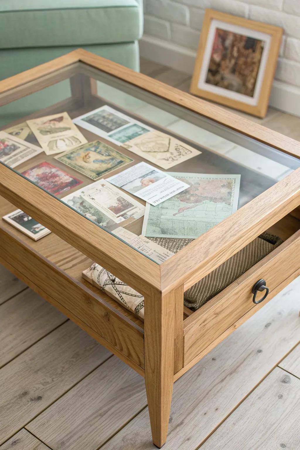 Vintage postcards + a muted map collage turn a shadow box coffee table into swap-anytime art.