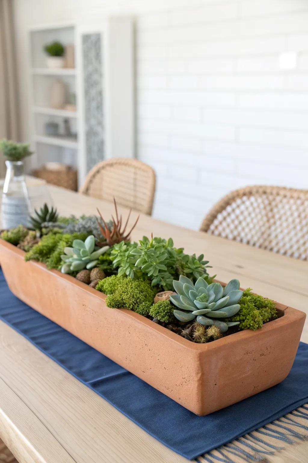 A low-profile shallow planter centerpiece that styles your table without blocking conversation.