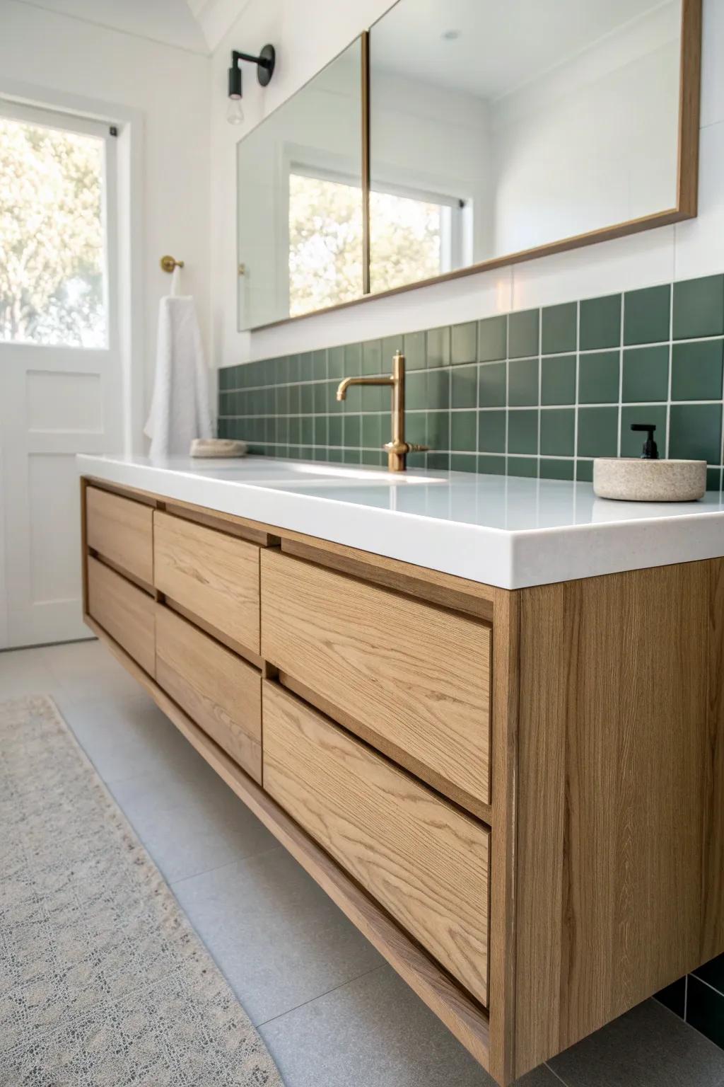 A long floating vanity makes a shared galley bathroom feel open, calm, and chic.