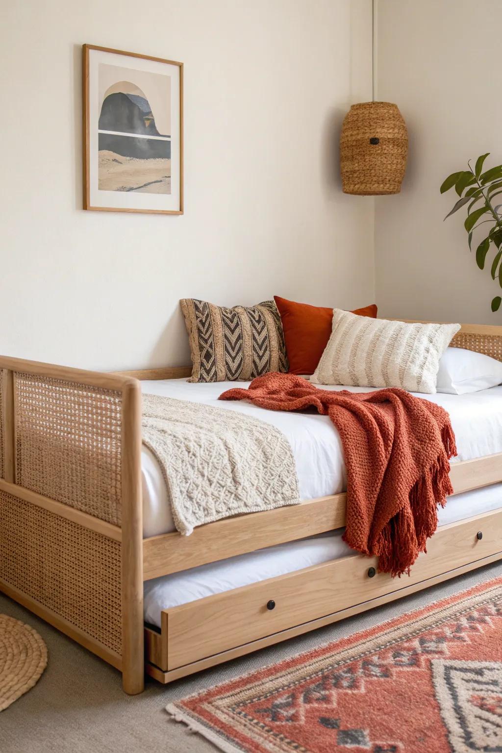 Daybed + trundle: two cozy beds by night, extra play space by day in the smallest shared room.