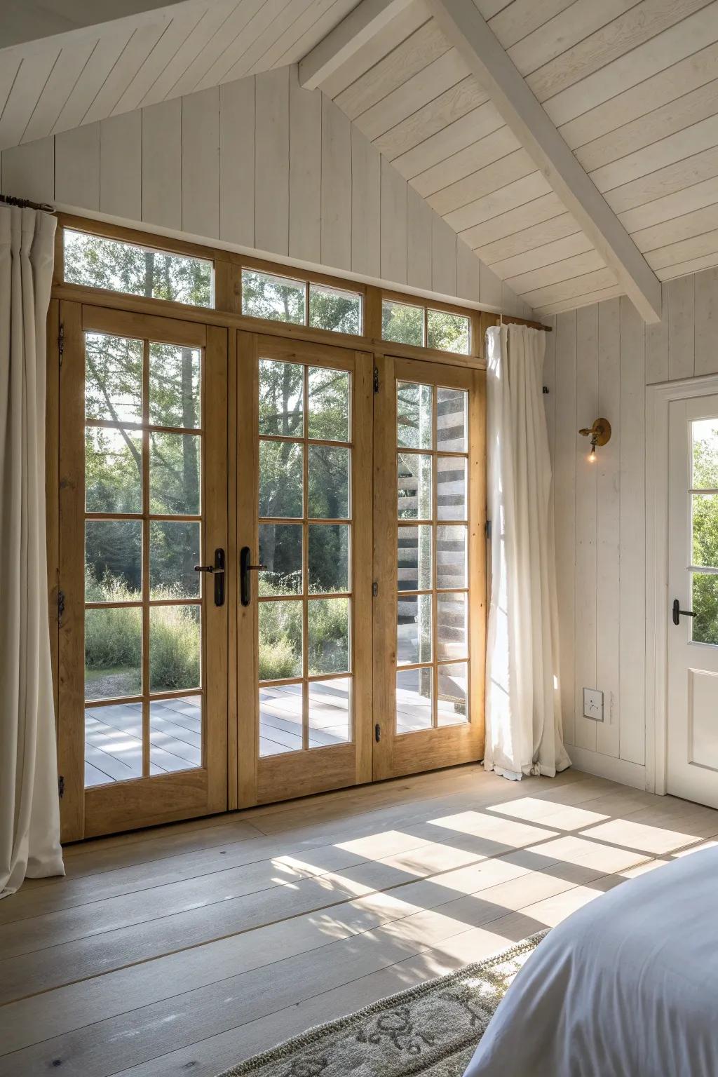 Oversized French doors flood a tiny shed bedroom with light, instantly making it feel bigger.