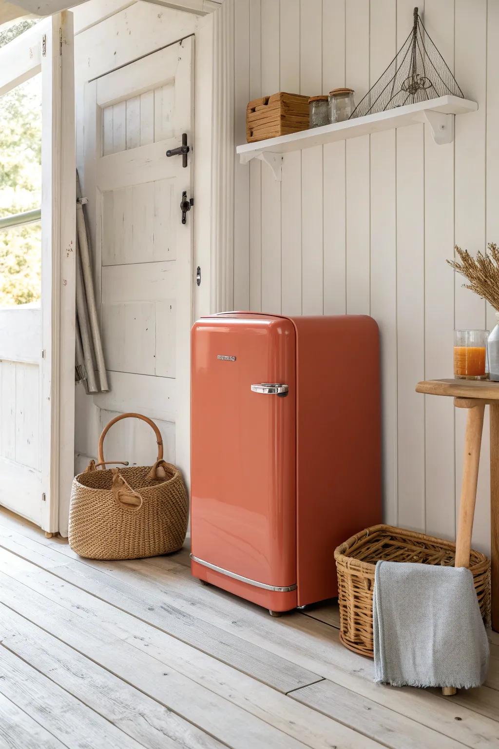 A bold mini fridge brings full function to a shed kitchen—without stealing precious space.