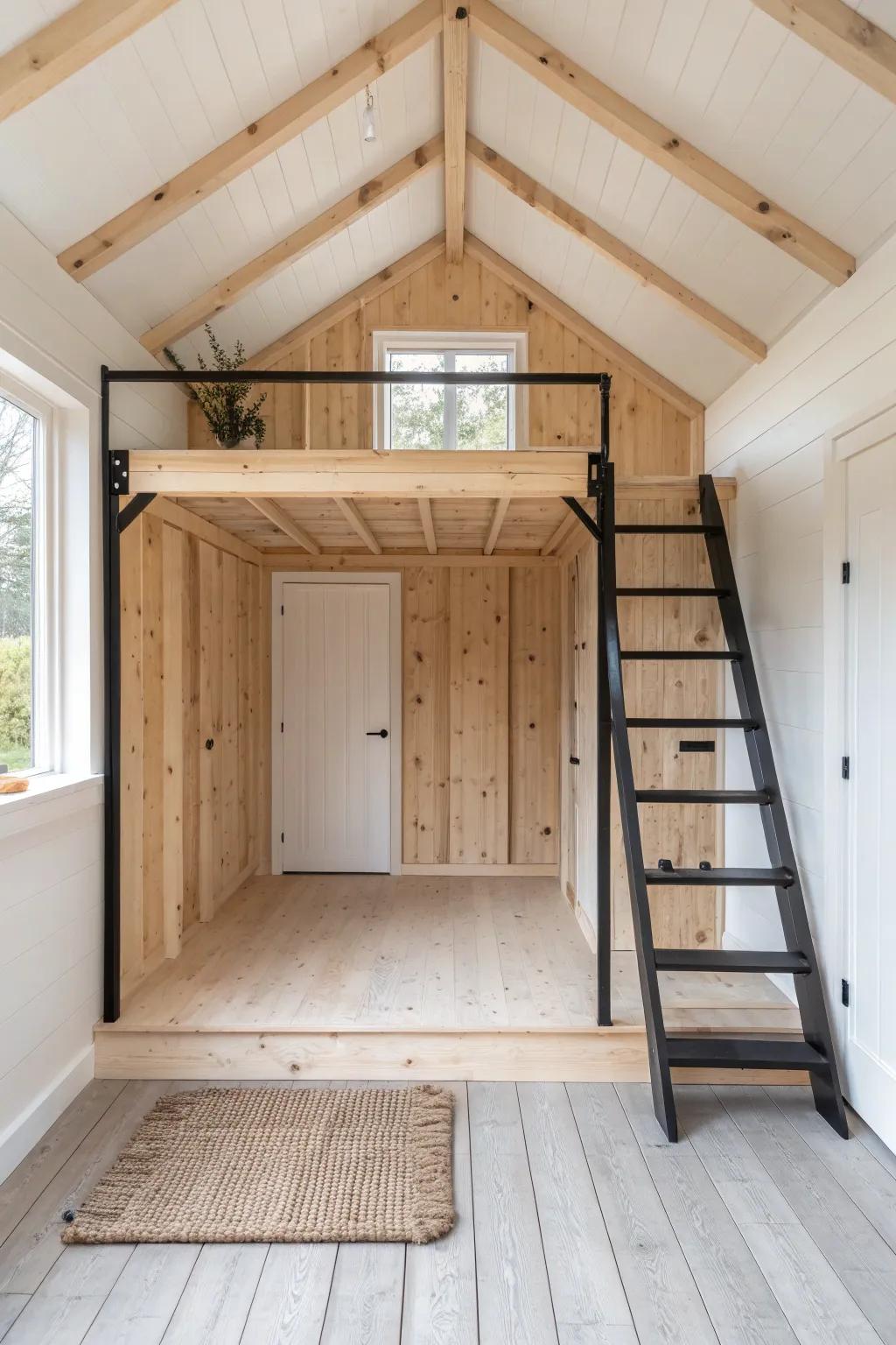 Loft framed into the rafters: a sturdy, space-saving upgrade that keeps shed walls clean.