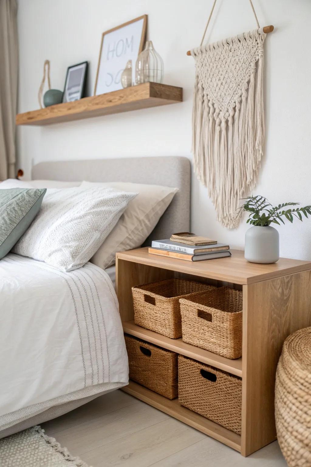 Deep shelf above the bed hides off-season essentials in matching bins—small-space magic.