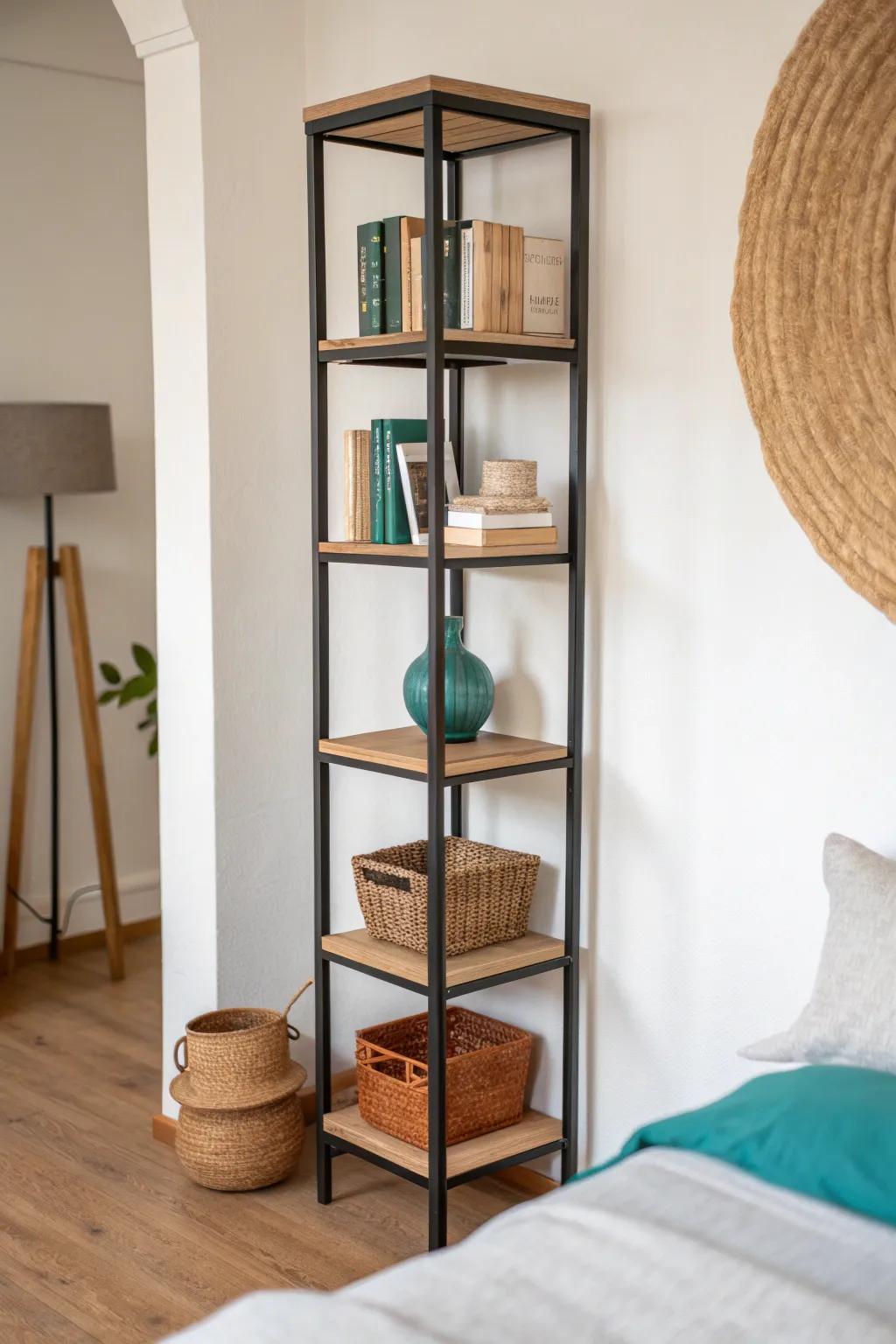 Go vertical with a slim bookshelf tower—big storage for bedrooms with almost no floor space.
