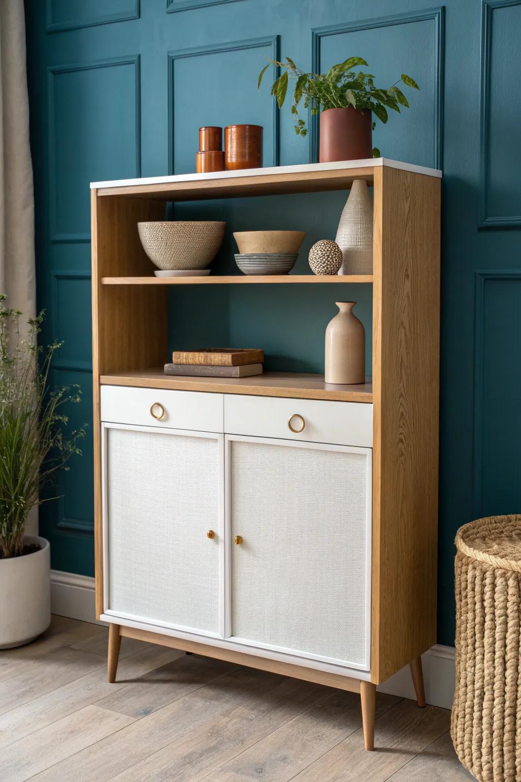 Closed cabinets below, airy open shelves above—tidy storage with styled ceramics and greenery.