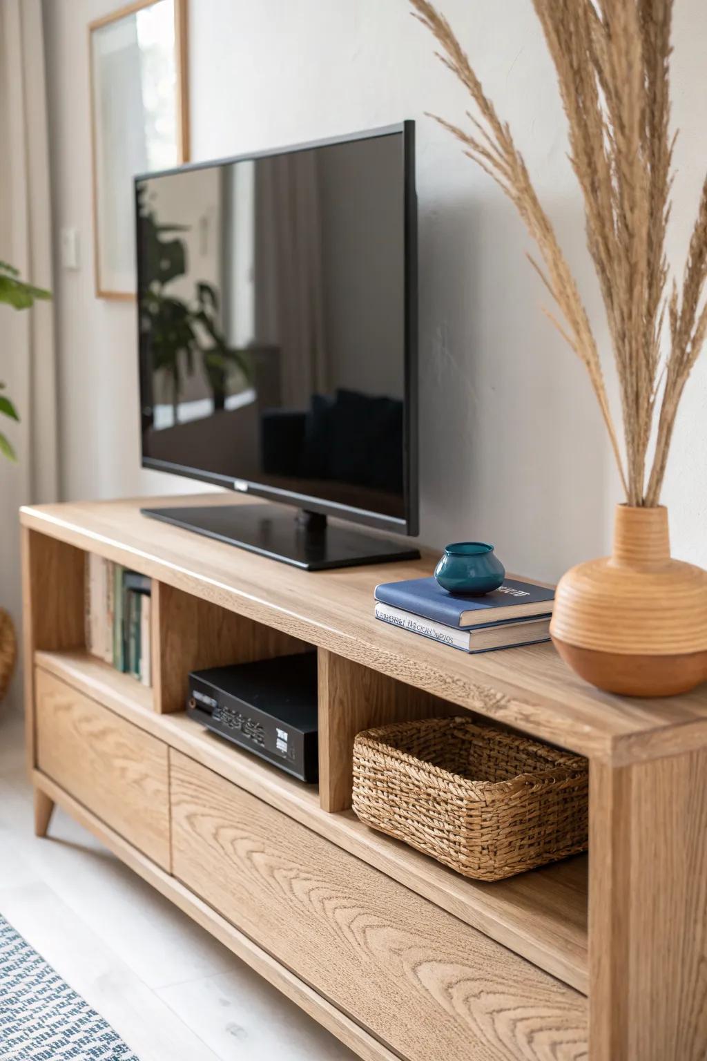 Slim oak side shelf framing the TV—minimal styling that warms up the big black screen.