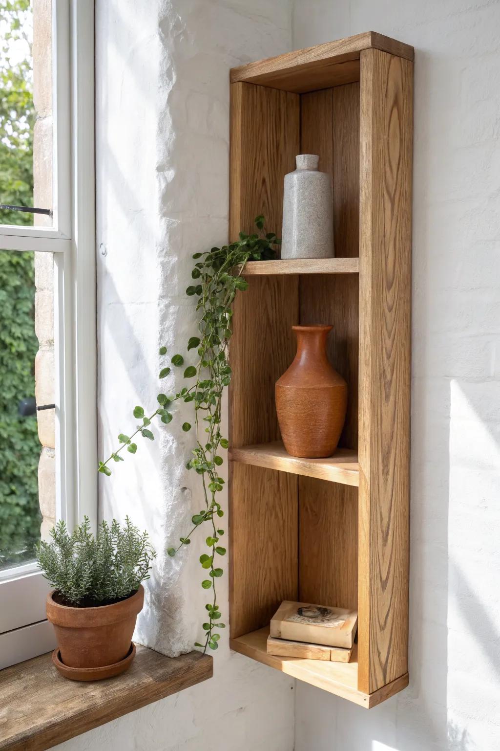 L-shaped corner shelves turn wasted space into chic storage—minimal, warm, and practical.