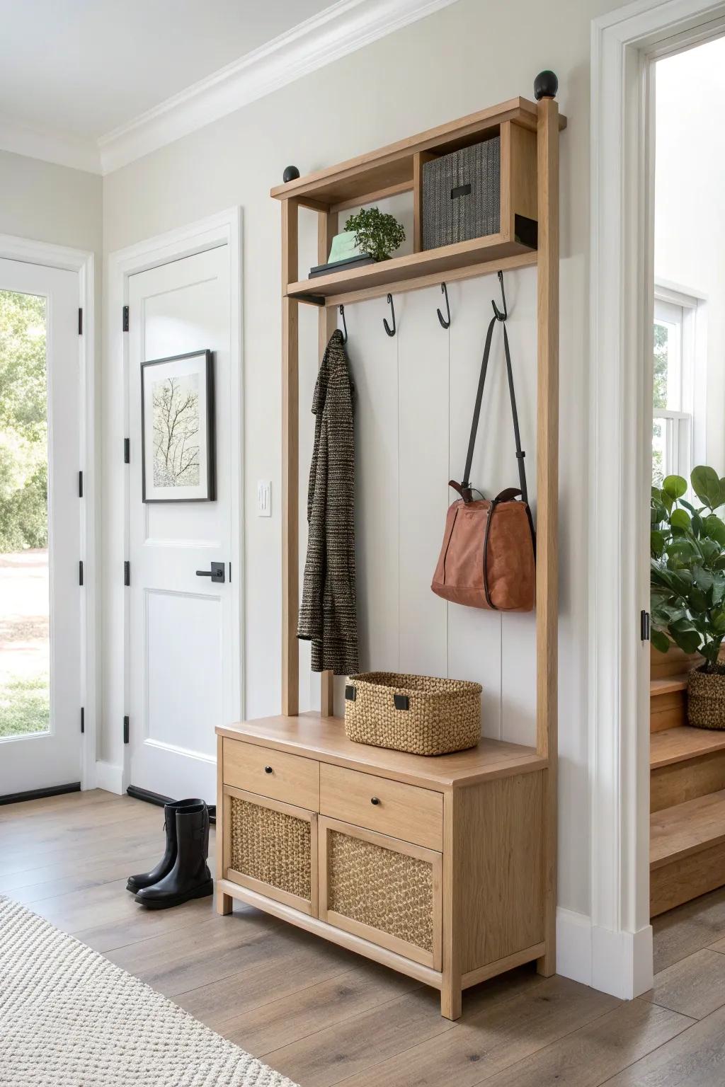 One-piece hall tree: sleek shoe cabinet base + hooks above—perfect for small, clutter-free entryways.