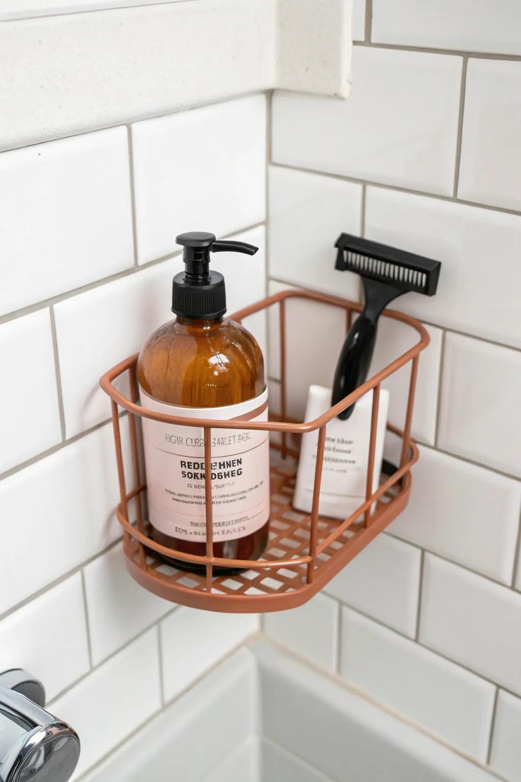 A moveable suction corner basket that keeps tiny showers tidy—ideal for face wash and razors.