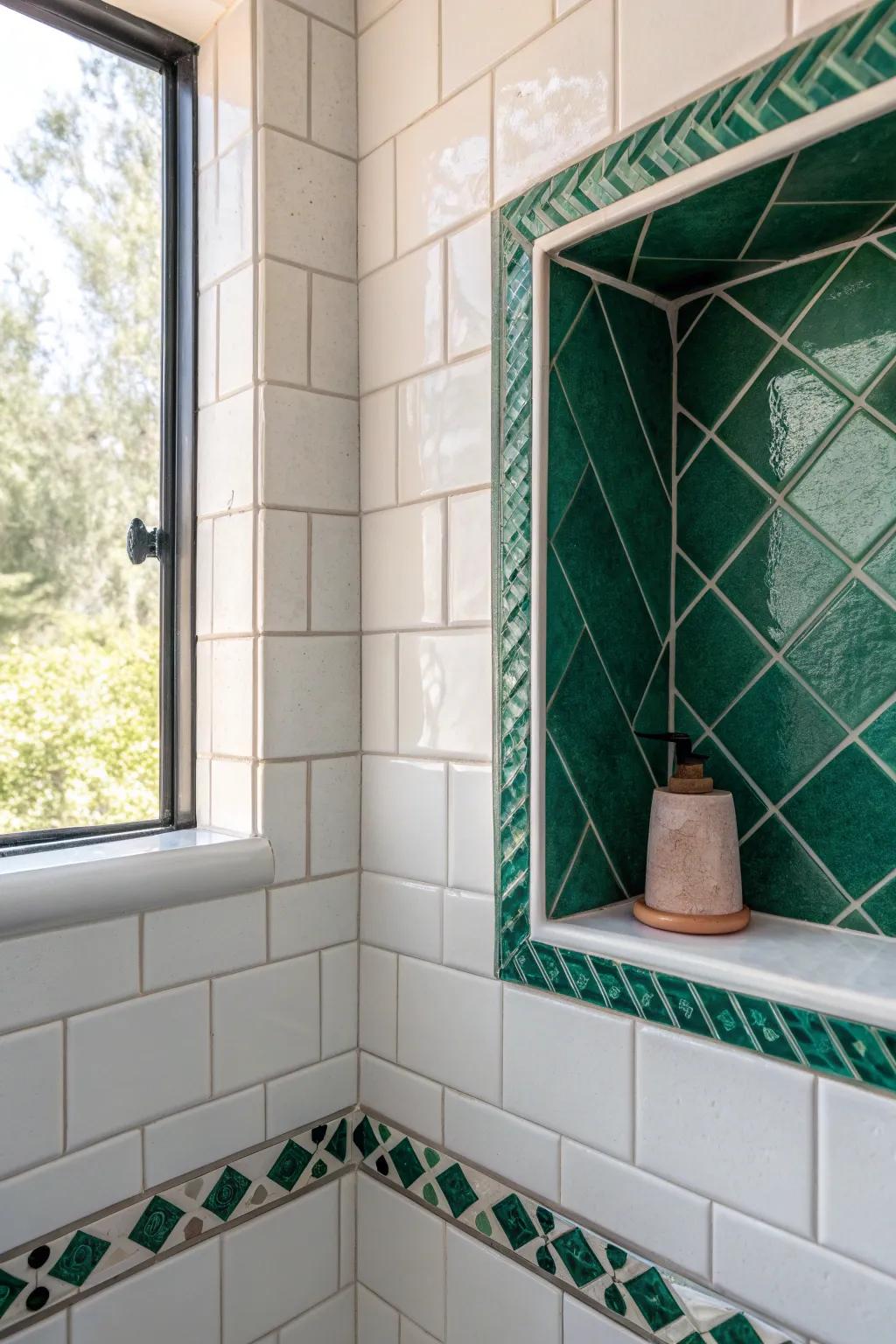 Seamless mitered tile edges for a calm, high-end shower niche—no trim, just clean wrap.