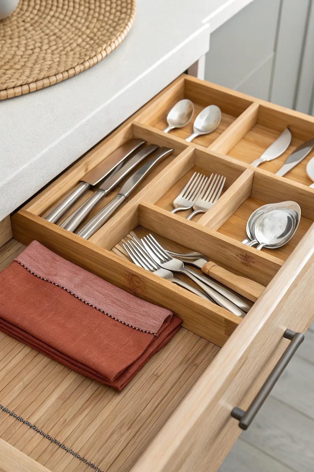 Two-tier drawer organizer: daily flatware on top, backups below—double your storage in one move.