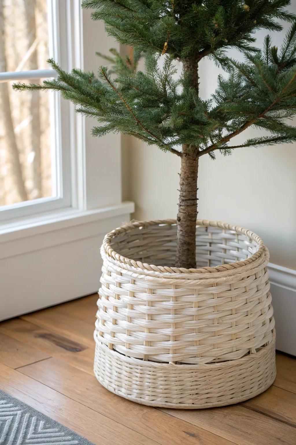 A simple woven tree collar hides the stand and instantly makes a slim tree look finished.