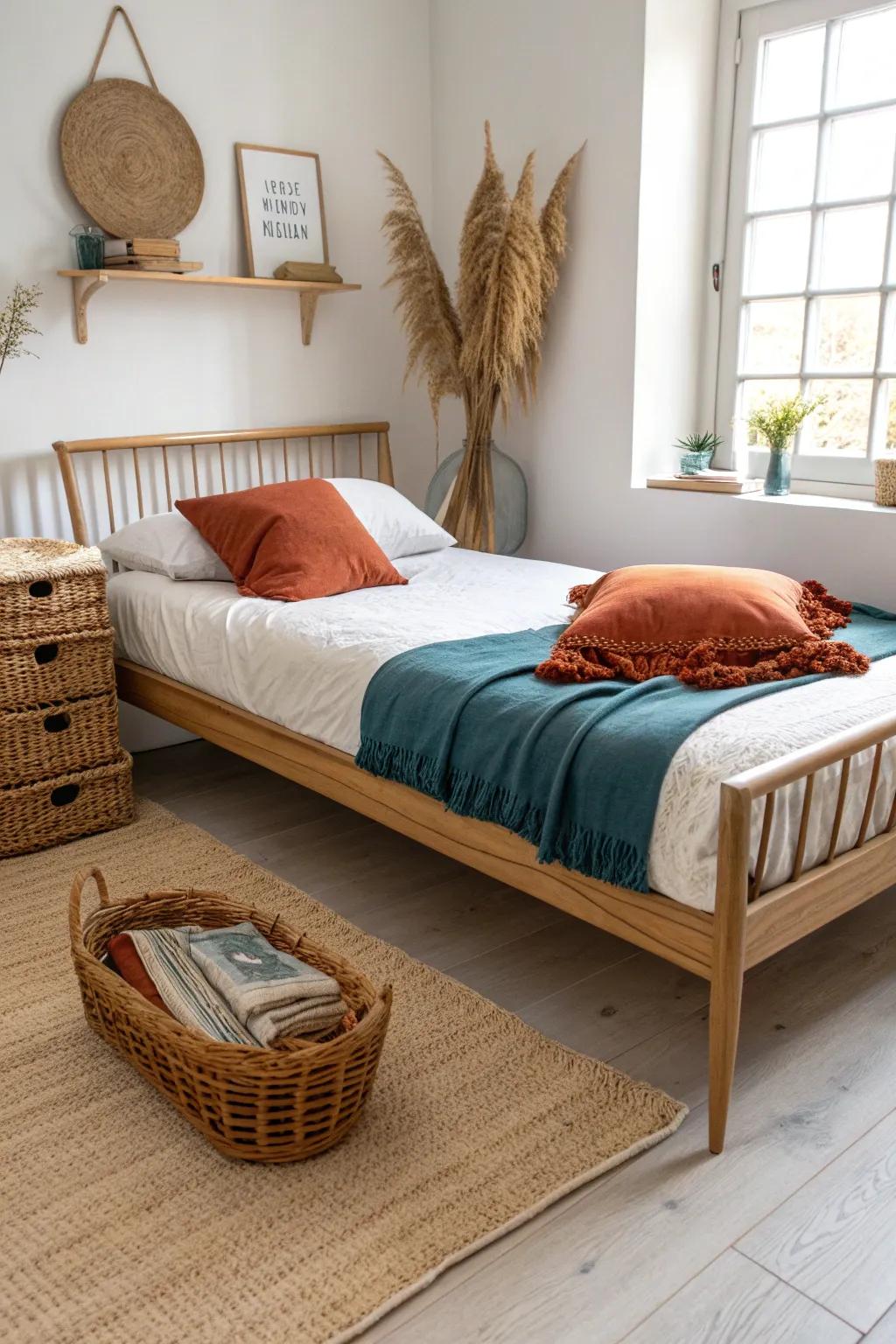 Slim open-frame bed = airy space + hidden under-bed storage for shared mom-toddler rooms.