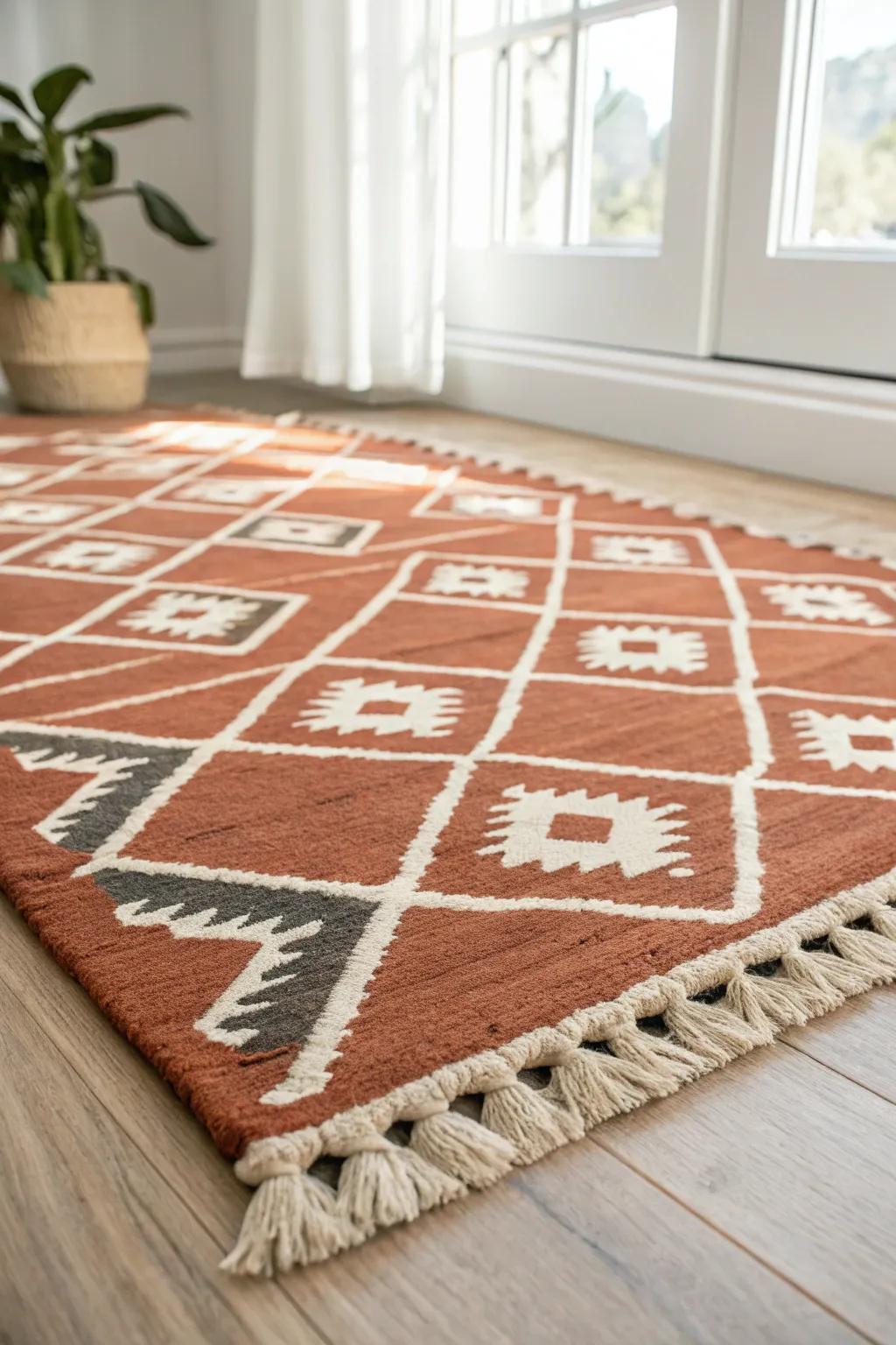 A bold, perfectly sized rug creates a cozy living room zone in a single wide space.