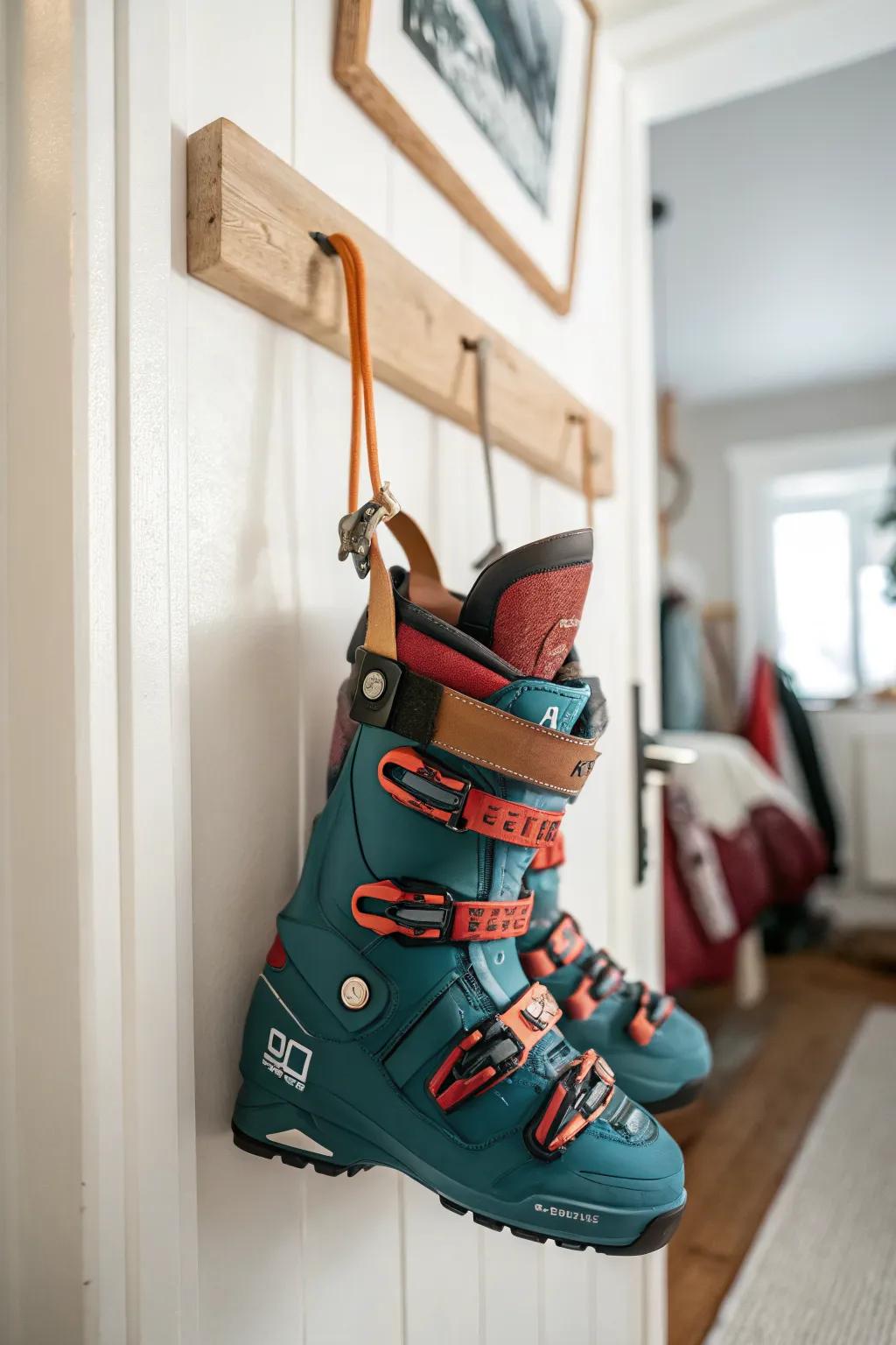 Upside-down ski boots on minimalist wall hooks—dry faster, save space, and protect your walls.
