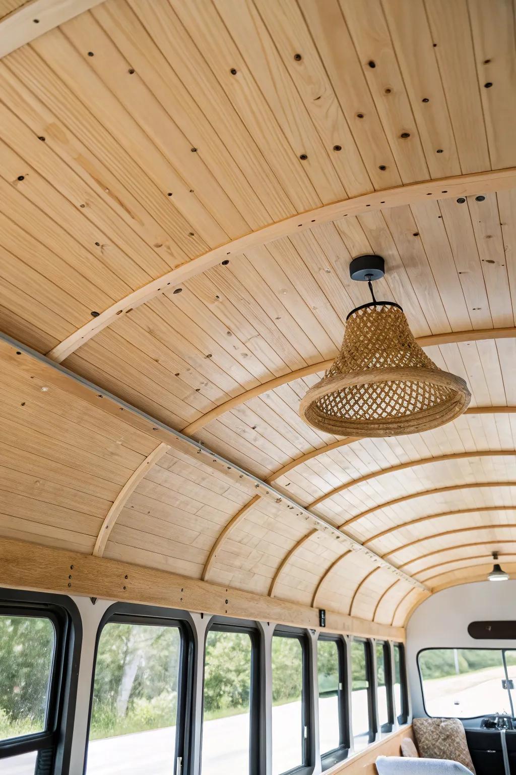 Curved light-oak ceiling slats that follow the bus roof for a bright, high-end skoolie look.