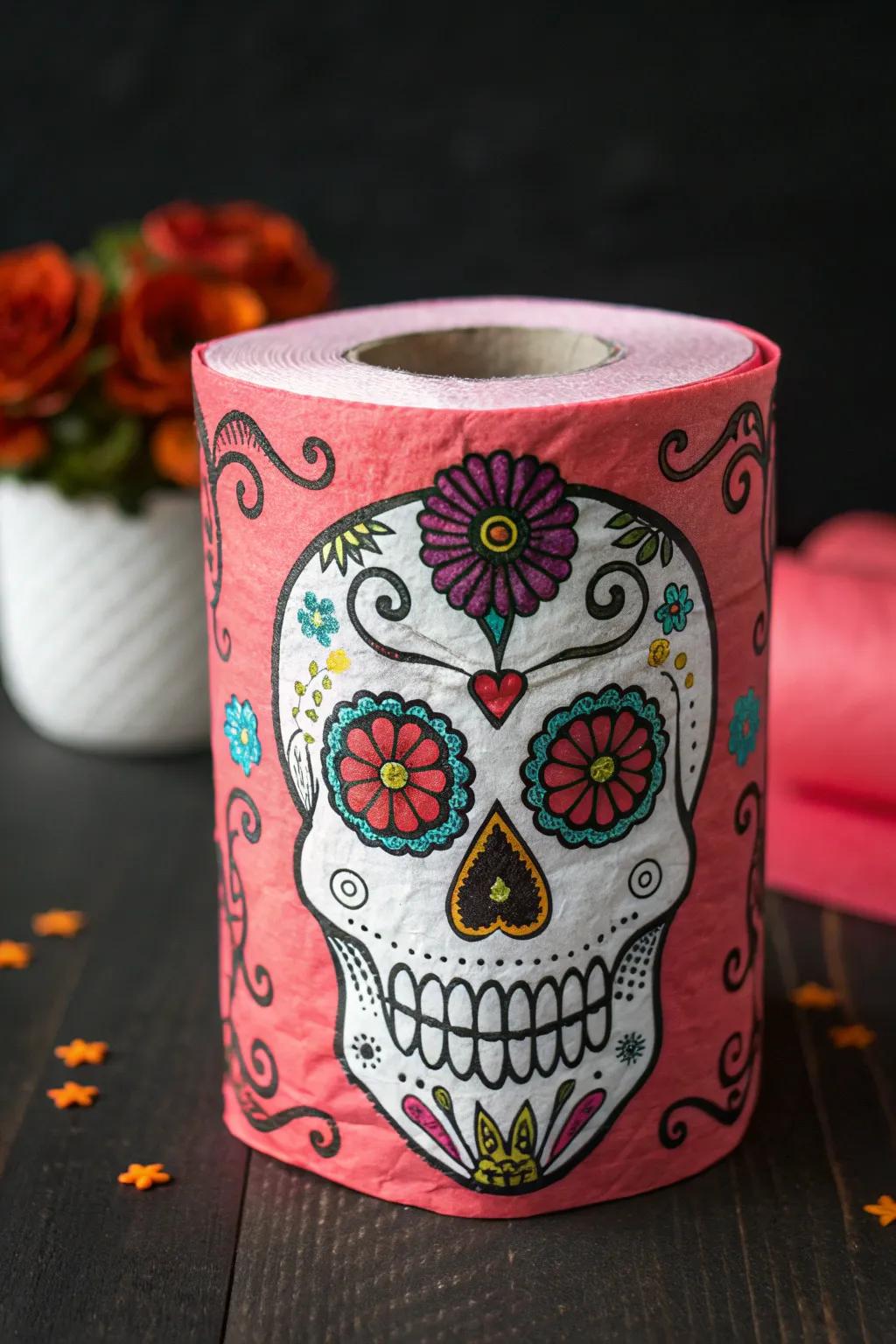 Transform the ordinary into extraordinary with this colorful sugar skull made from a simple toilet paper roll. Perfect for adding a touch of eco-friendly artistry to your decor!