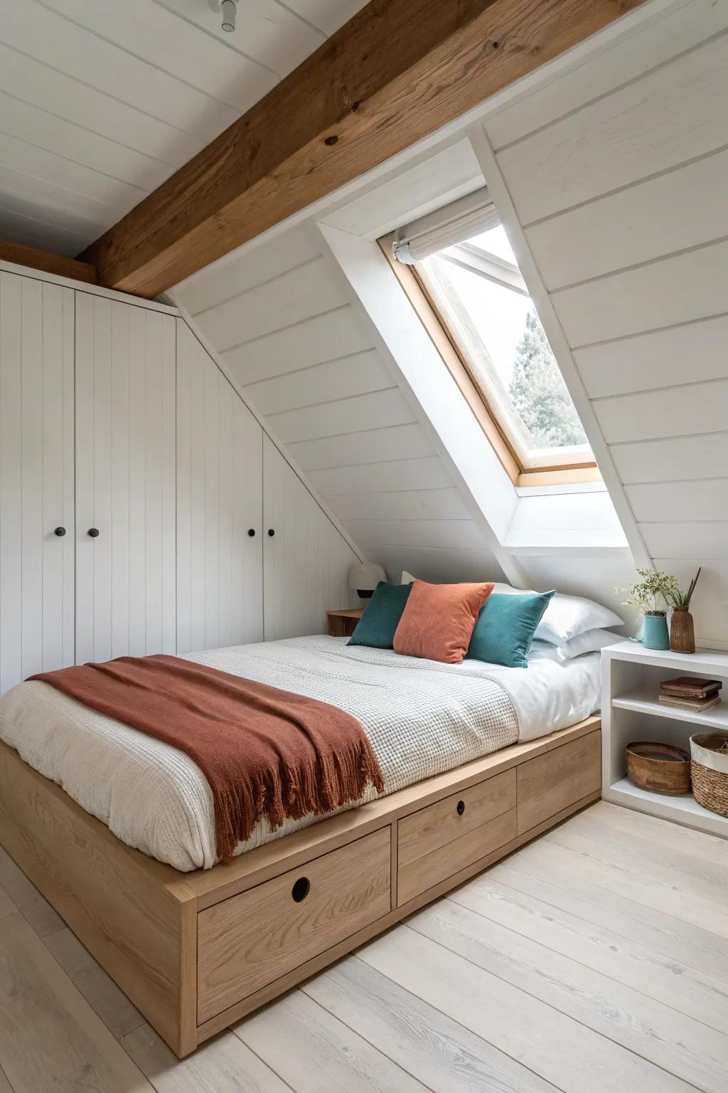 Turn a slanted ceiling into a snug built-in bed alcove—minimal, handcrafted, and irresistibly cozy.