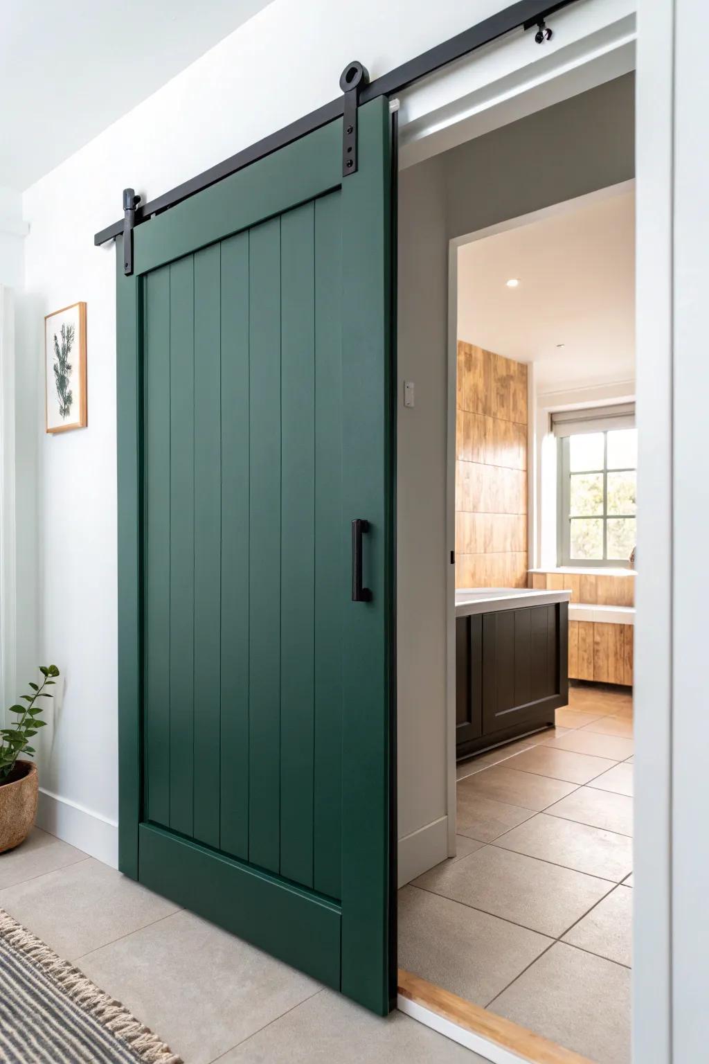 A solid-core slab slider brings sleek style and noticeably quieter bathroom mornings.