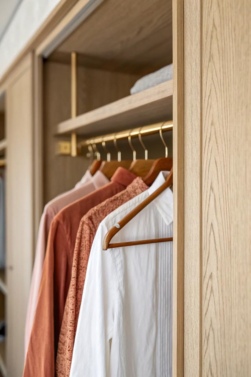 Matching slim hangers make a sliding-door closet feel airy—and outfits easier to grab fast.