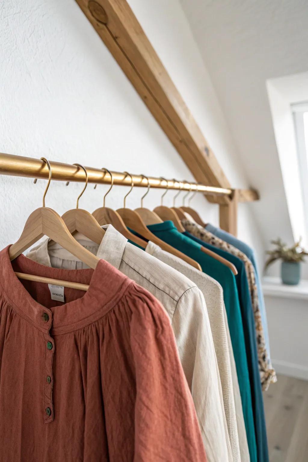 Make the eaves useful: a low rod turns that sloped zone into chic hanging space.