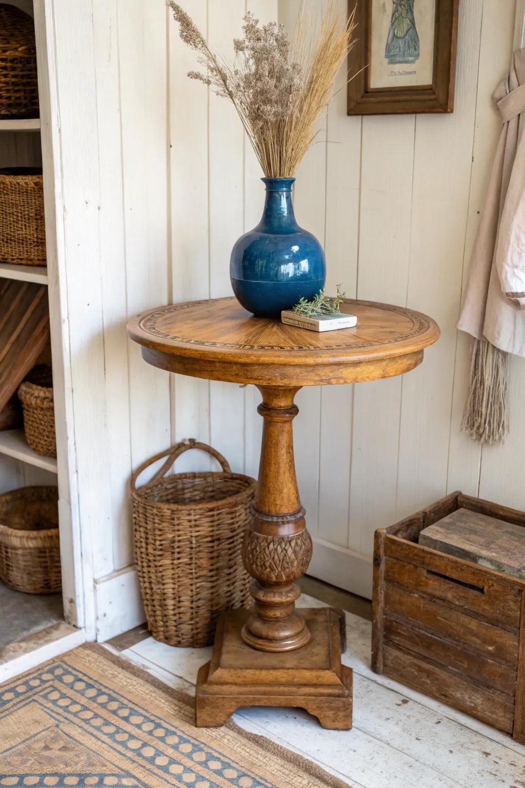 Turn a petite vintage table into a booth center island—simple top, baskets below, easy flow.