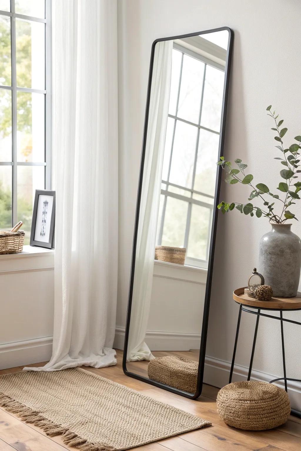 Hang a mirror opposite the window to double the light and make a small living room feel bigger.