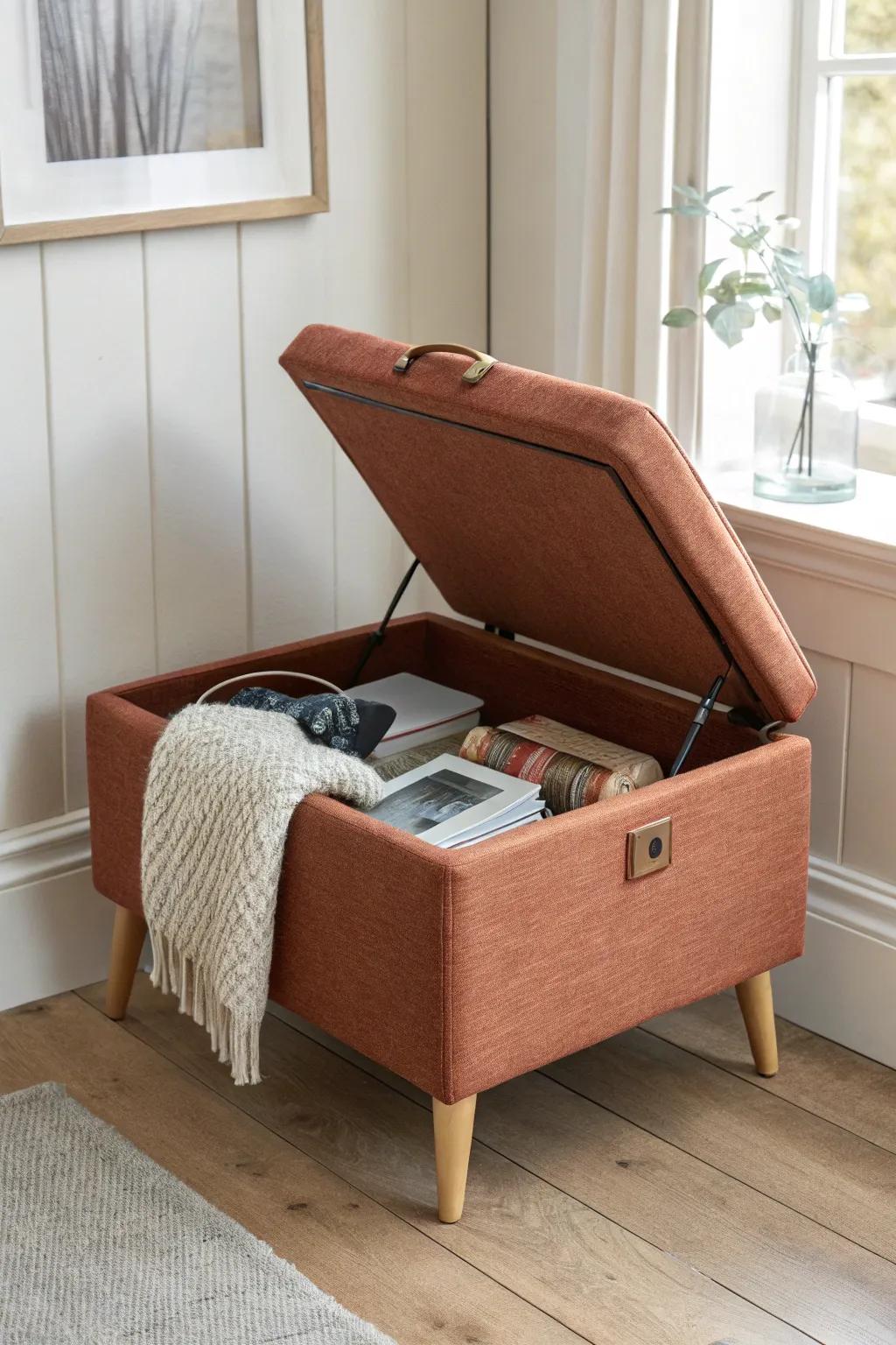 A storage ottoman that hides blankets and cords—small-space calm without losing style.