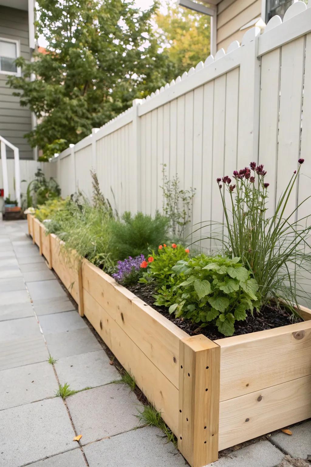 Slim raised beds hug the fence—lush planting, clear walkway, and a spacious feel.