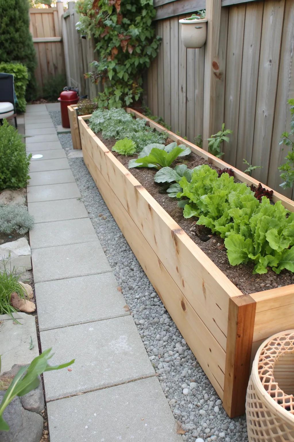 Turn a skinny side yard into a salad-and-herb lane with one sleek raised bed and a clean path.