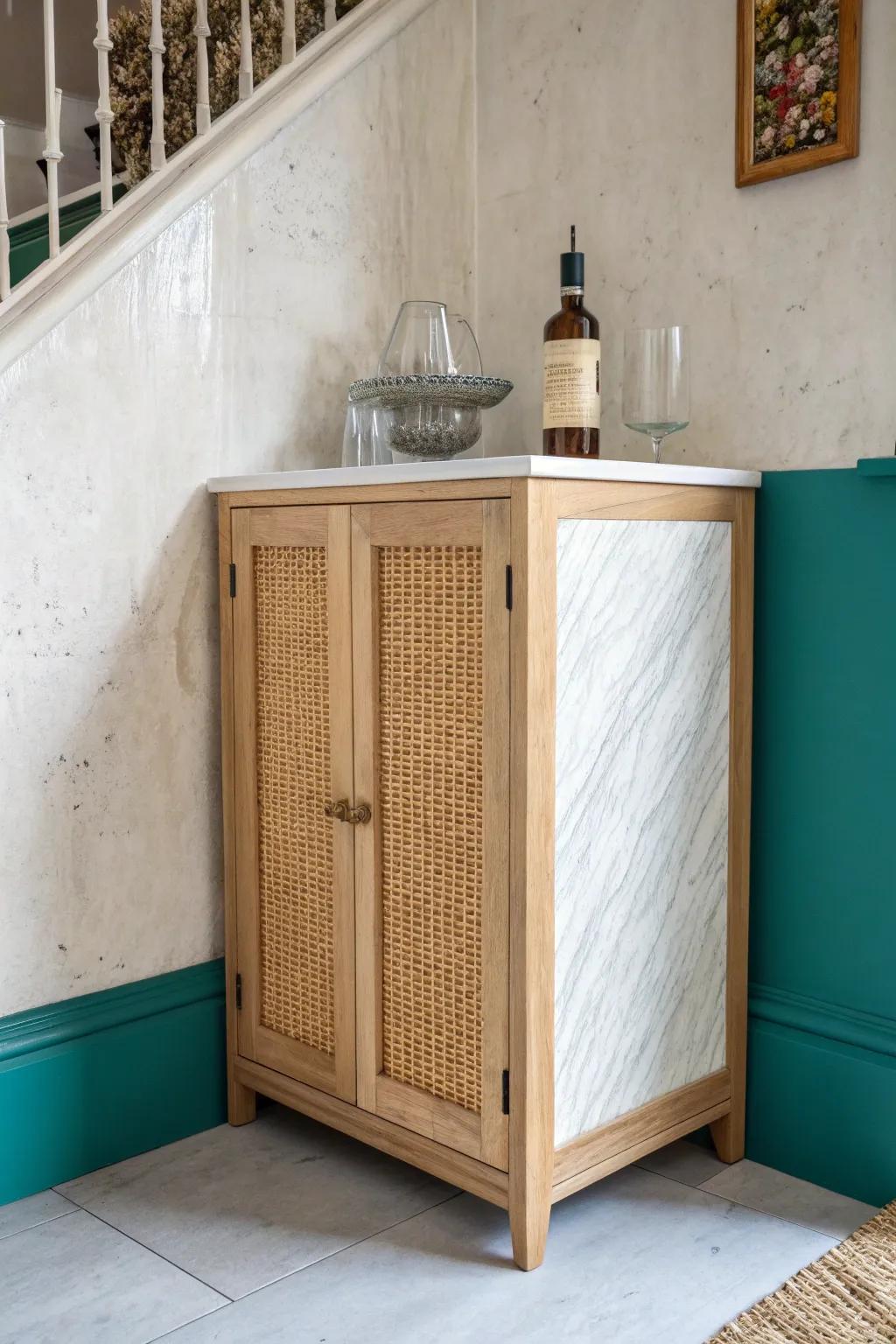 Turn that dead corner into a chic mini bar—compact cabinet, big style, zero clutter.