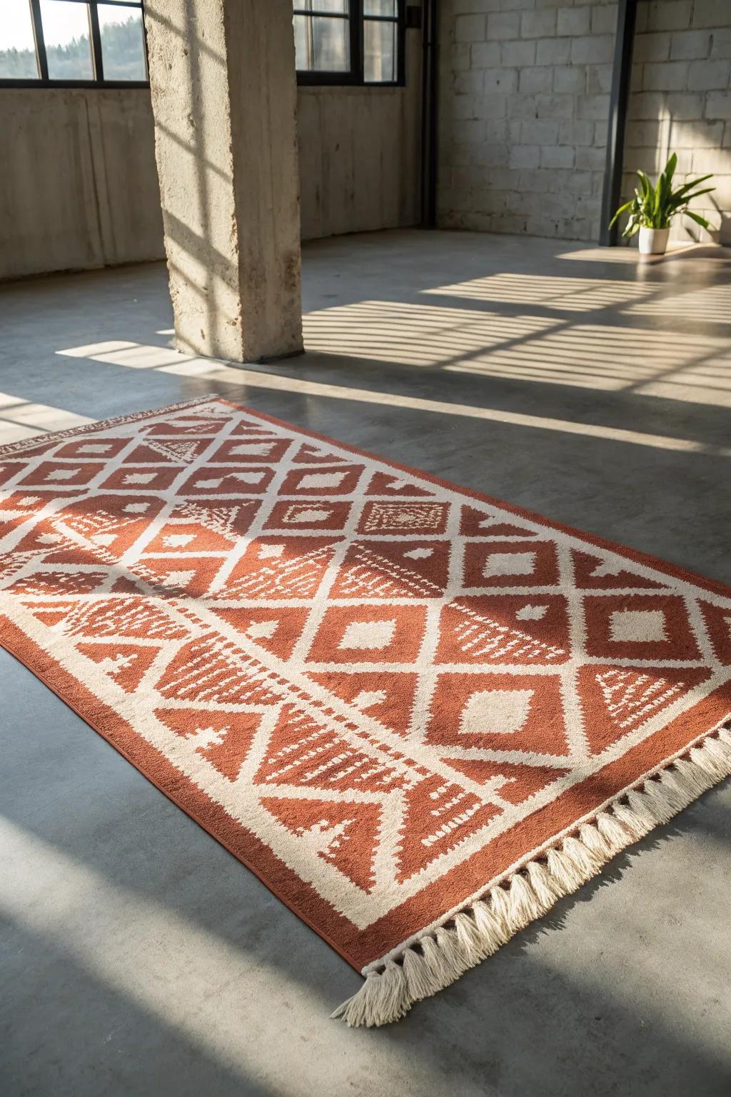 A big bold rug turns cold basement concrete into a cozy hangout—fast, budget-friendly warmth.