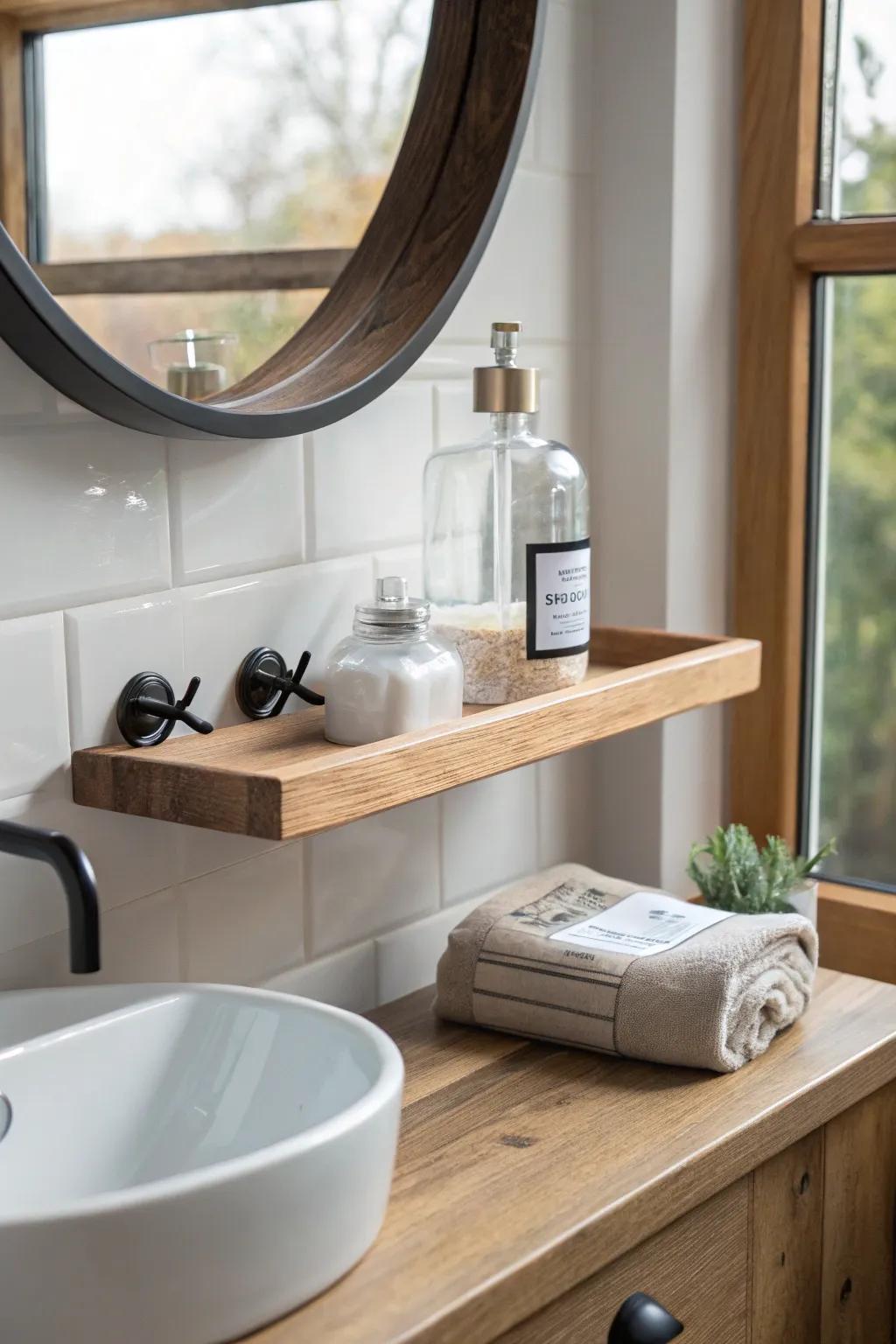 A single shelf under the mirror keeps the sink clear—one beautiful jar, zero clutter.