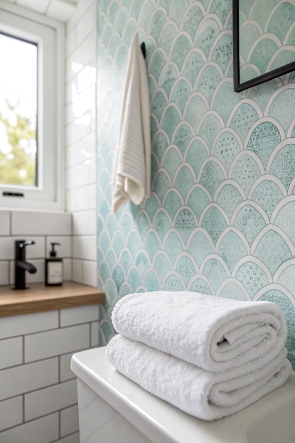 Watery blue wallpaper + crisp white towel = a tiny bathroom that feels like a mini spa.