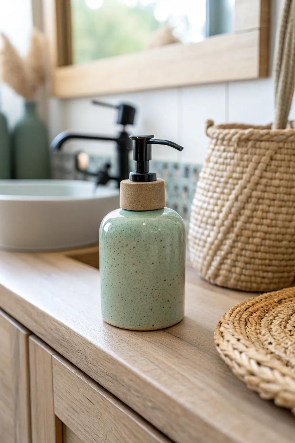 Light sage green + woven texture: a fresh, airy combo that makes tiny baths feel bigger.