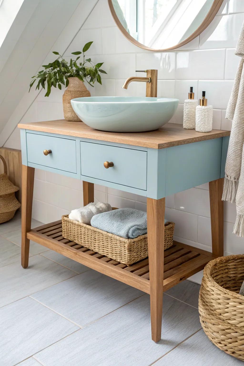 A blue vanity on slim legs keeps the floor visible—making even tiny bathrooms feel airy.