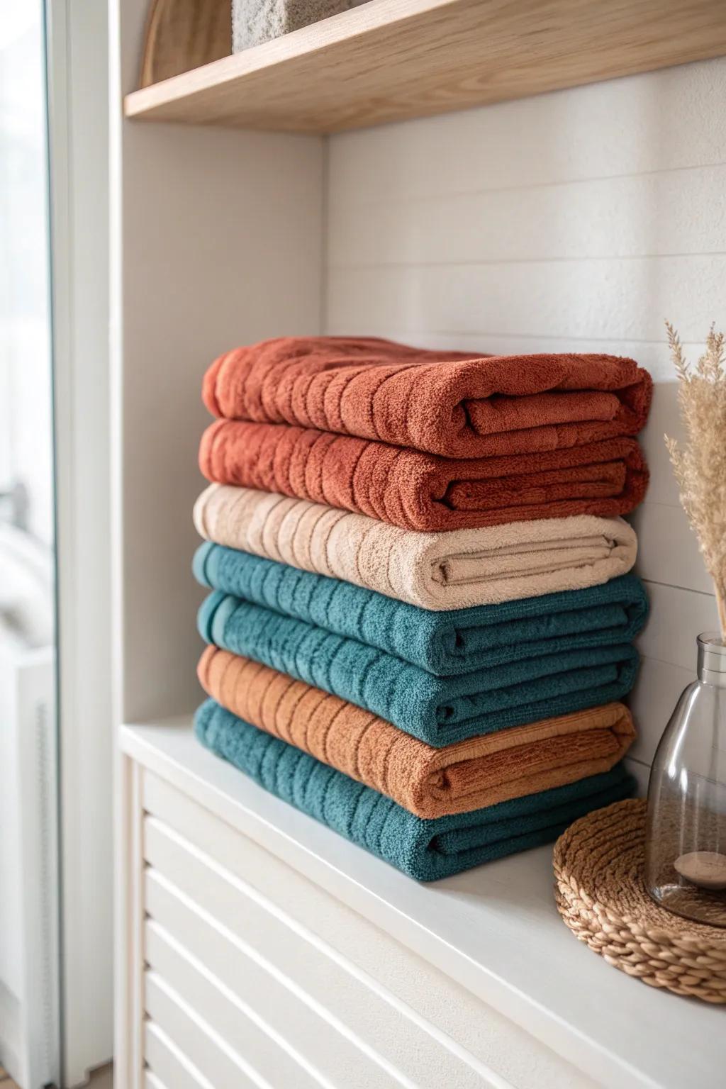 Spa-folded towels in short stacks make even a tiny linen closet look calm and curated.