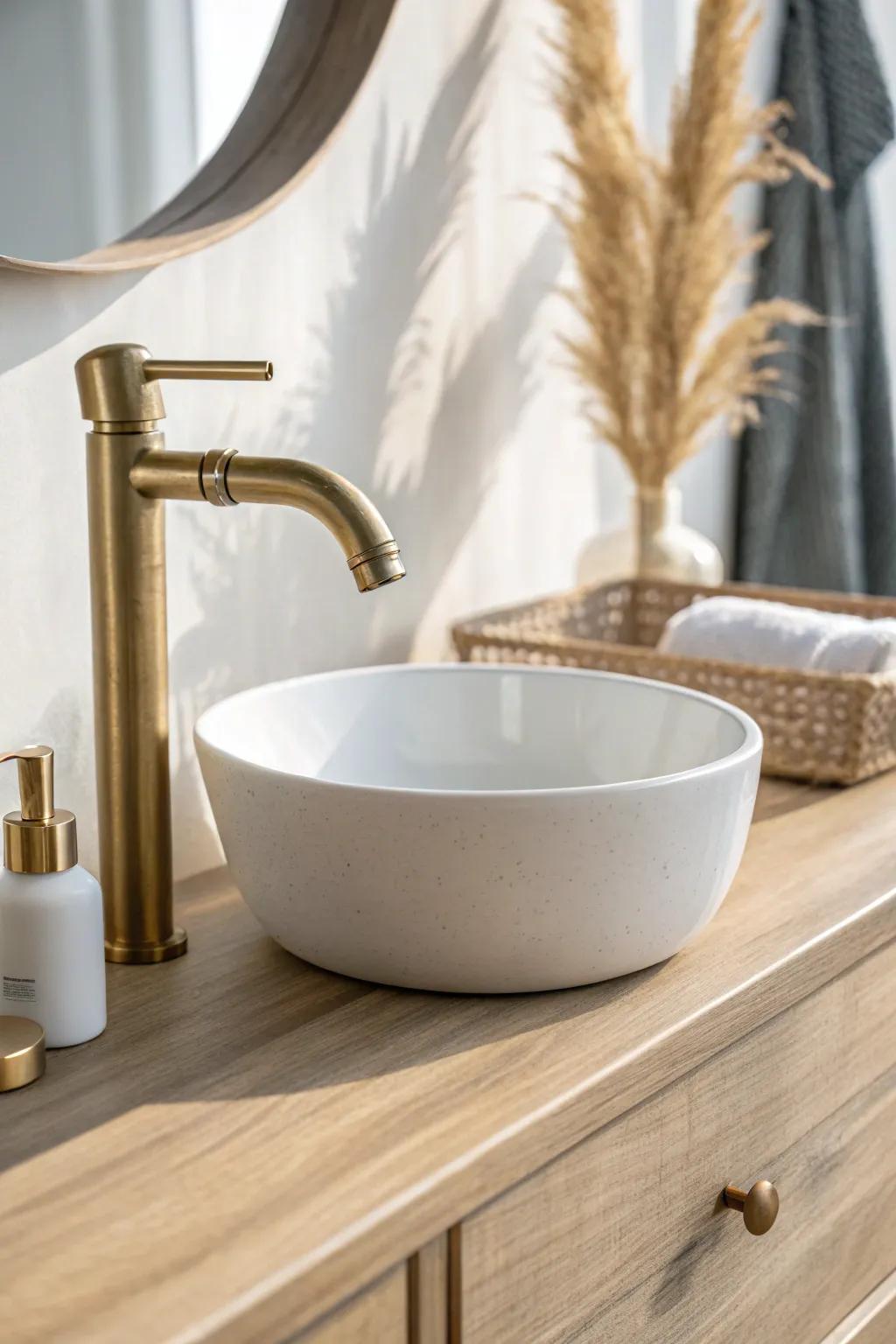 Swap in a brushed brass faucet—small-bath jewelry that instantly makes the vanity feel new.