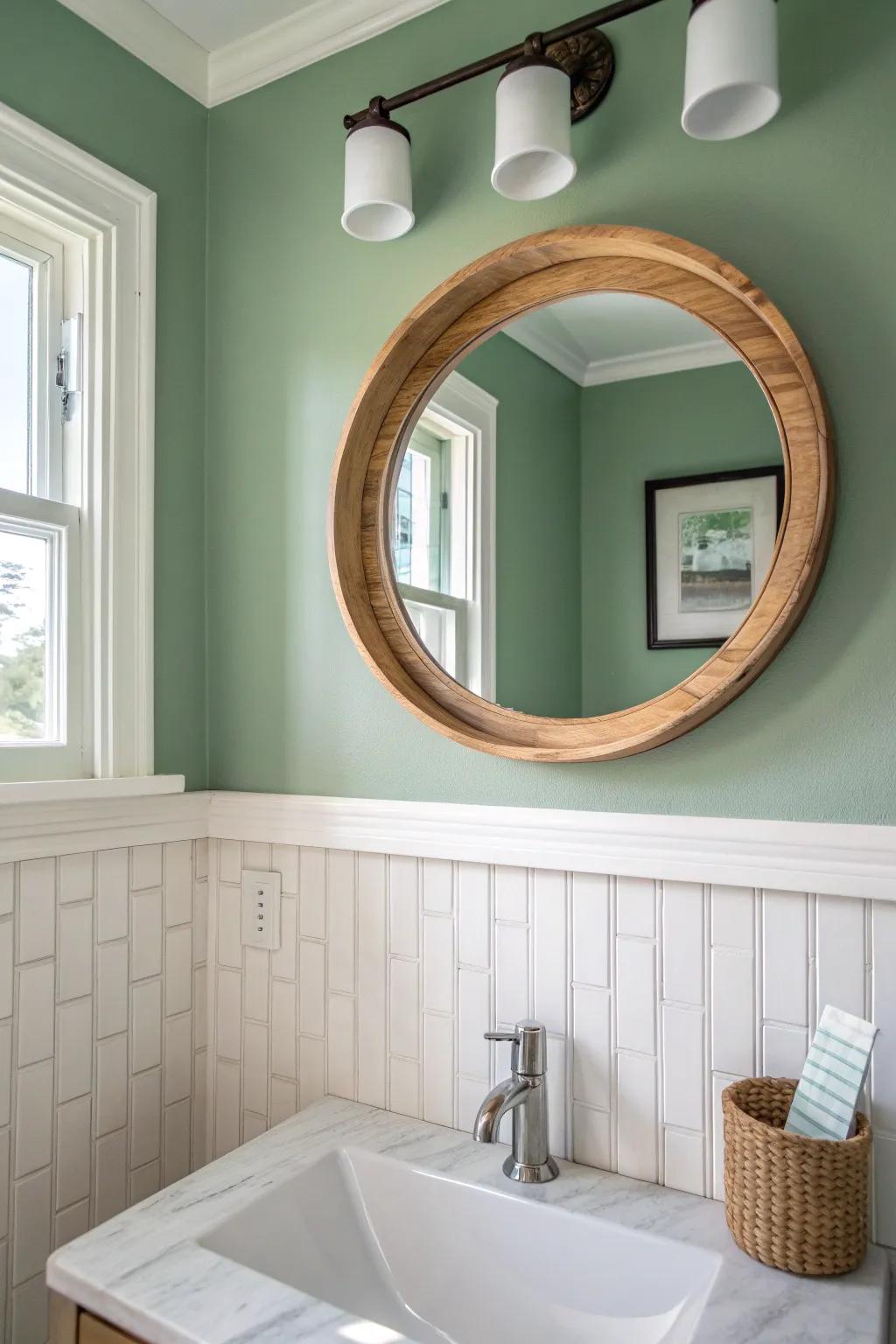Powdery sage walls + crisp white tile = instant boutique-hotel calm in the smallest bath.