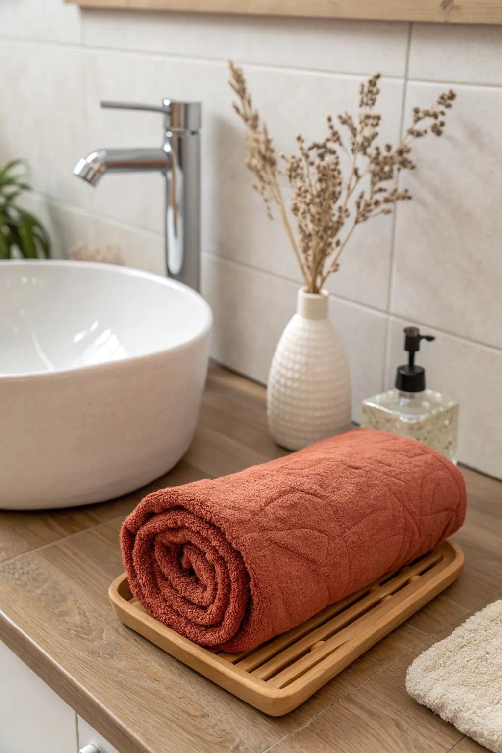 One neatly rolled hand towel instantly gives your small sink a spa-like, clutter-free look.